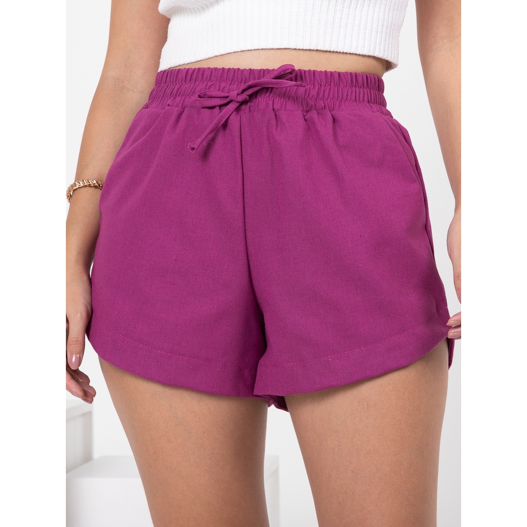 Short Linho Feminino Cintura alta com elastico verao praia confortavel ...