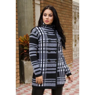 Casaco Sobretudo Trico Feminino Inverno Botões Xadrez Longo