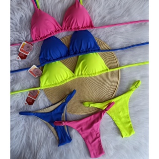 Biquíni de Fita Calcinha Com Regulagem Marquinha Cortininha Bojo Removível Fio Dental Preto Neon Azul P M G