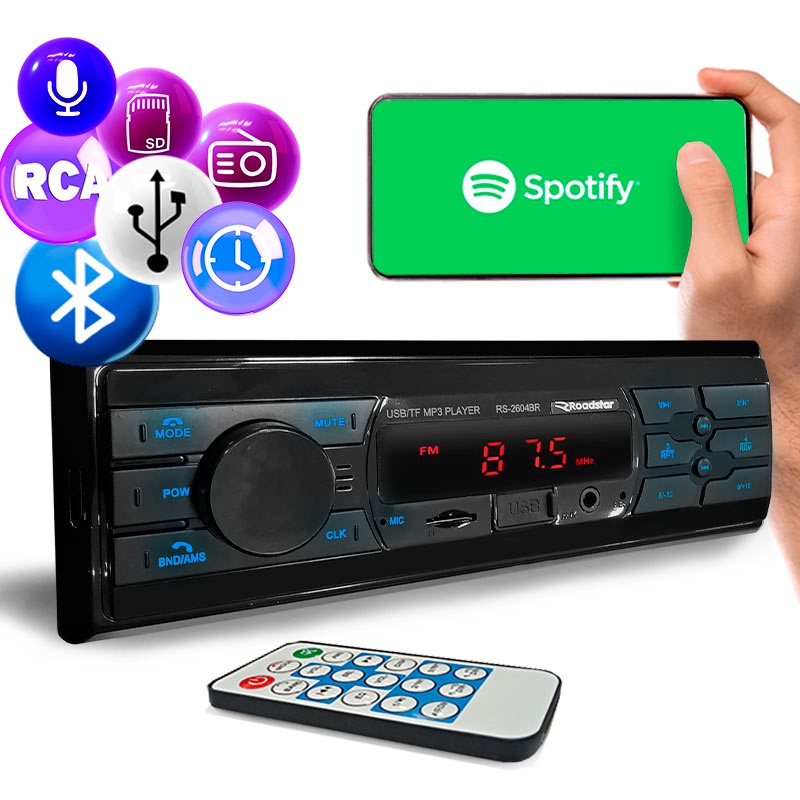 MP3 Player Automotivo Roadstar RS2604BR Plus 1Din Bluetooth Entradas