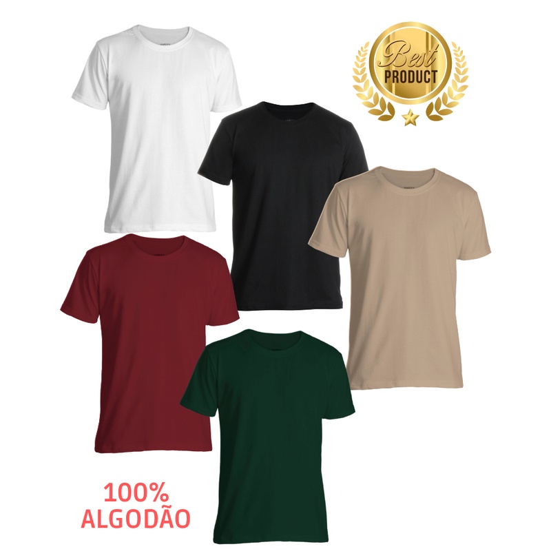 Kit 5 Camisetas Básicas Masculina 100% Algodão