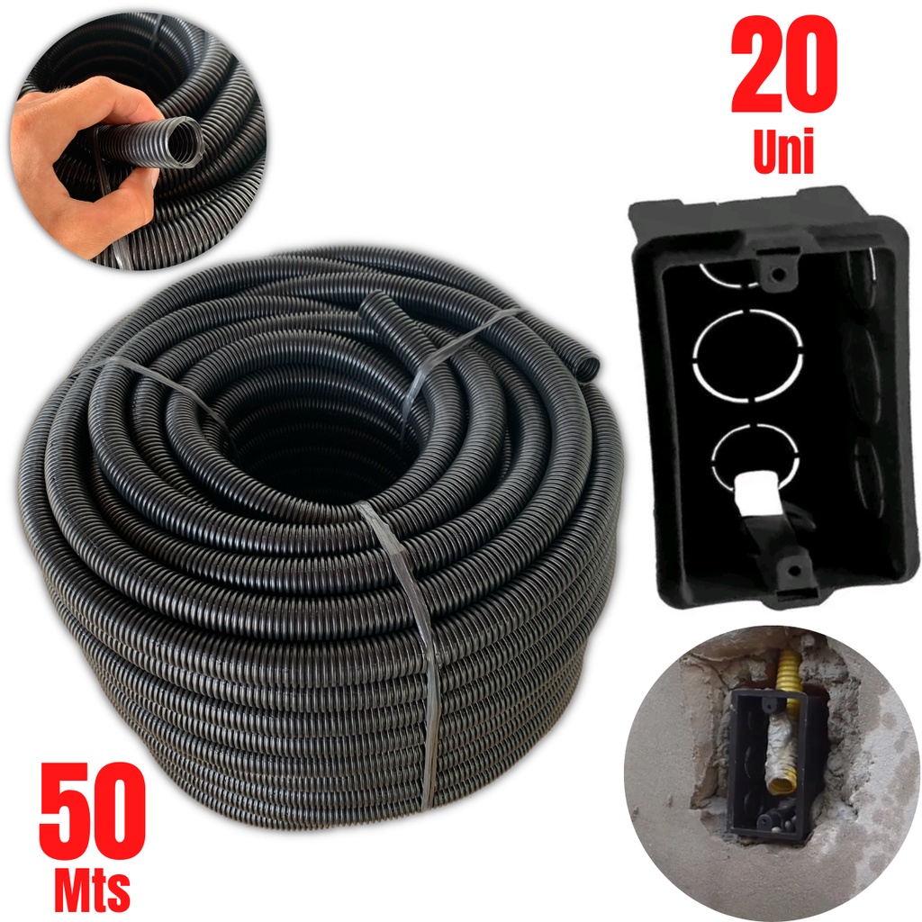 Kit 20 Caixinhas De Luz 4x2 Caixa Preta + 50 Mts Corrugado 3/4 Conduíte ...