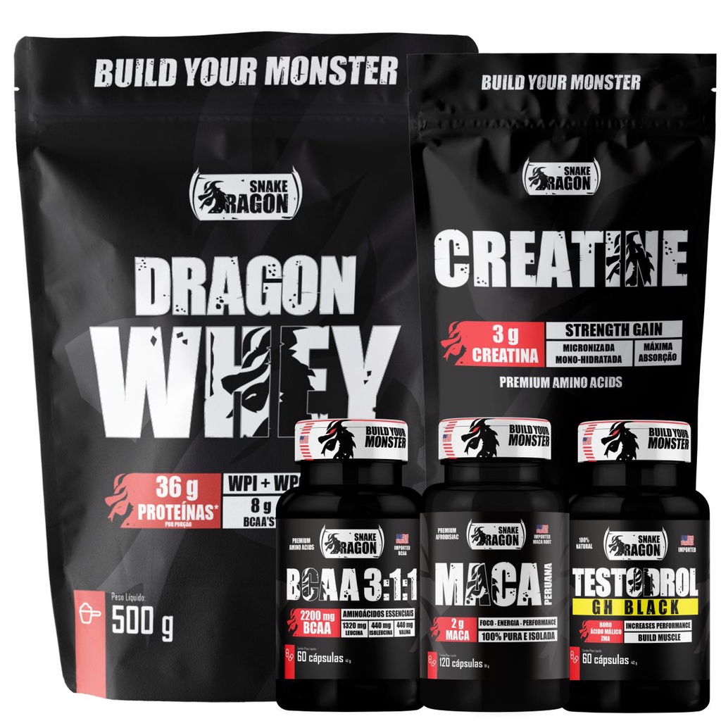 Kit Dragon Whey 500g + BCAA + Maca Peruana + Testo Black + Creatina 100g