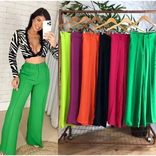 Calça Feminina Pantalona Tecido Duna Botão Elástico na Cintura