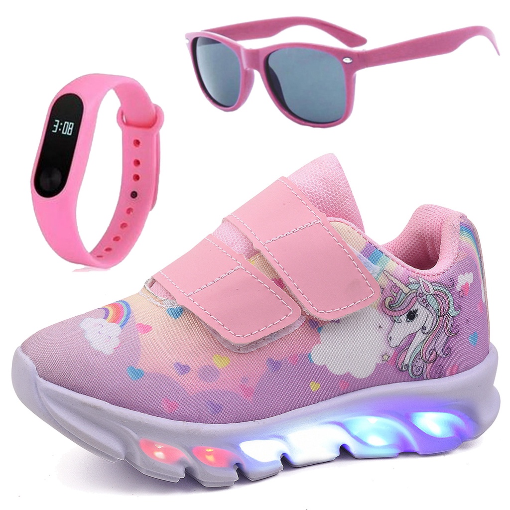 Tênis Infantil Feminino de Led Unicornio Menina Rosa Tira Colante com Óculos e Relógio Elis Magazine