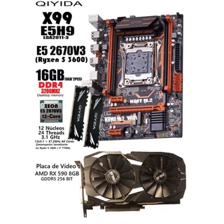 Kit PC X99 Gaming + Xeon E5 2670v3 12 Núcleos (Ryzen 5 3600) + 16GB DDR4 (2x8) 3200MHz + RX 590 8GB