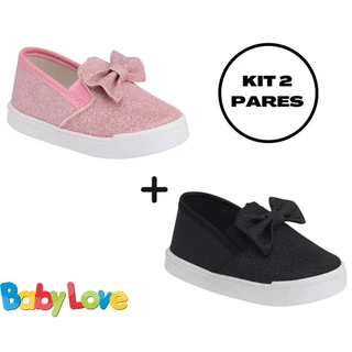 2 Tênis infantil feminino sapatilha bebê menina iate slip on brilho confortável RF92