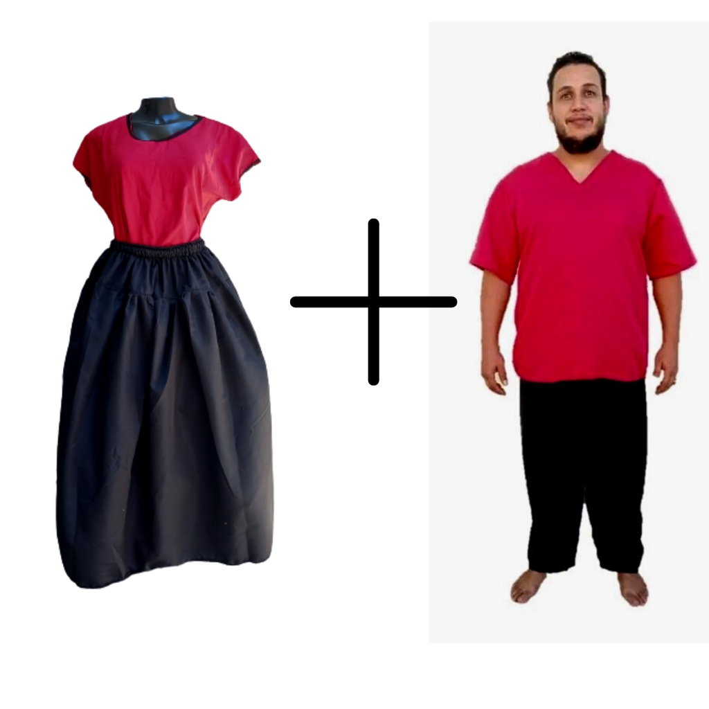 Conjunto casal exu 4 peças Bata+ Calça , Camisu +saia preto e vermelho ...