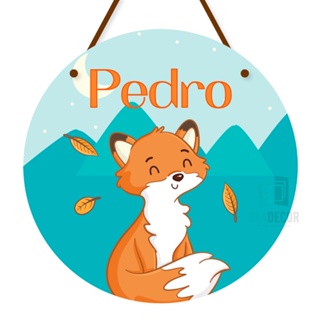 Enfeite Porta Maternidade Menino Redondo Raposinha Mdf 25cm