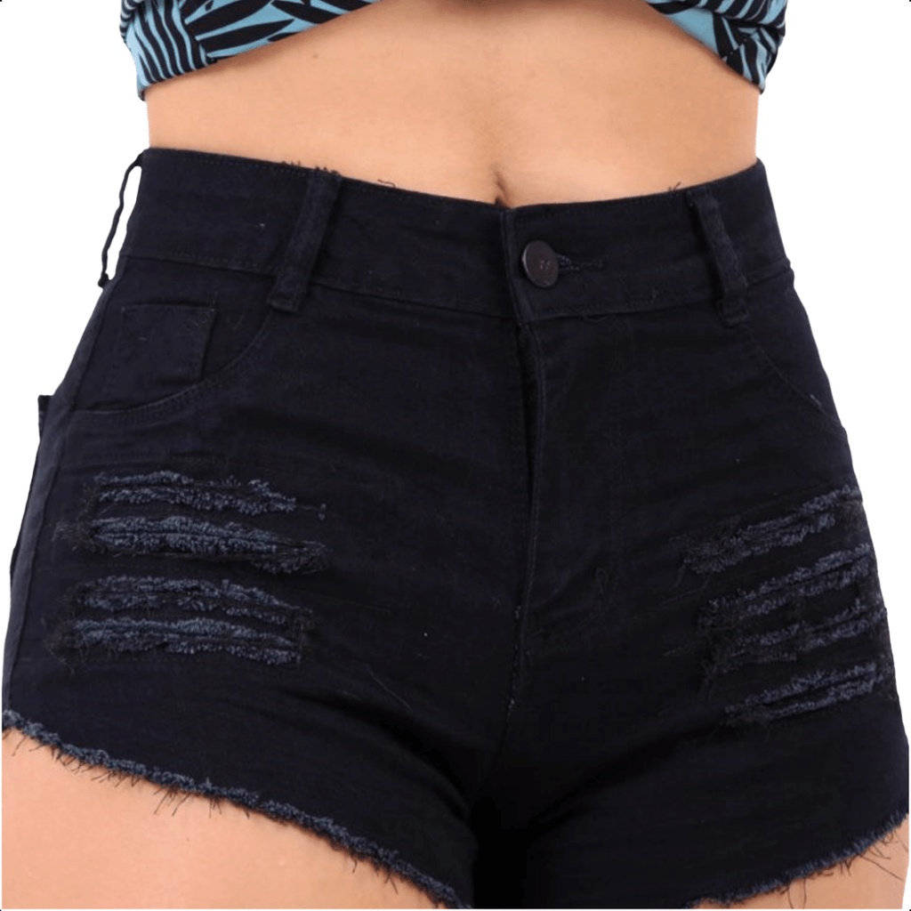 Short Jeans Feminino Preto Hot Pants Cintura Alta Barra Desfiada