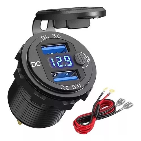 Tomada Carregador Celular Smartphone Usb Duplo 12v 24v 2,1a C/ Voltímetro E Cabo Carro Barco Caminhão