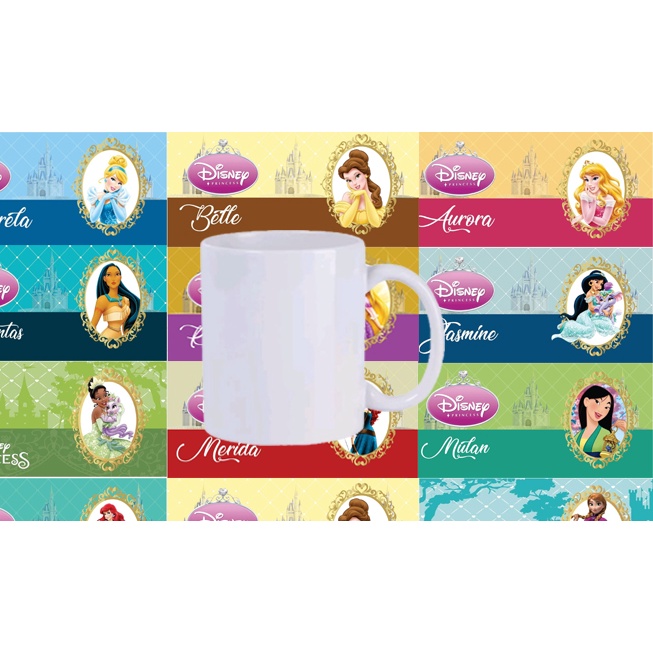 Caneca das Princesas, Cinderela, Mulan, Diana, Ariel, Merida ...