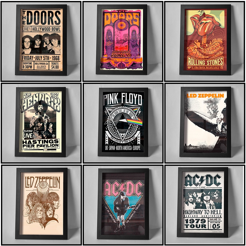 Quadro com Moldura e Vidro - Bandas de Rock- Decorativos, Led Zeppelin, The Doors, Pink Floyd, Beatles, Creedence, Iron Meiden, nirvana