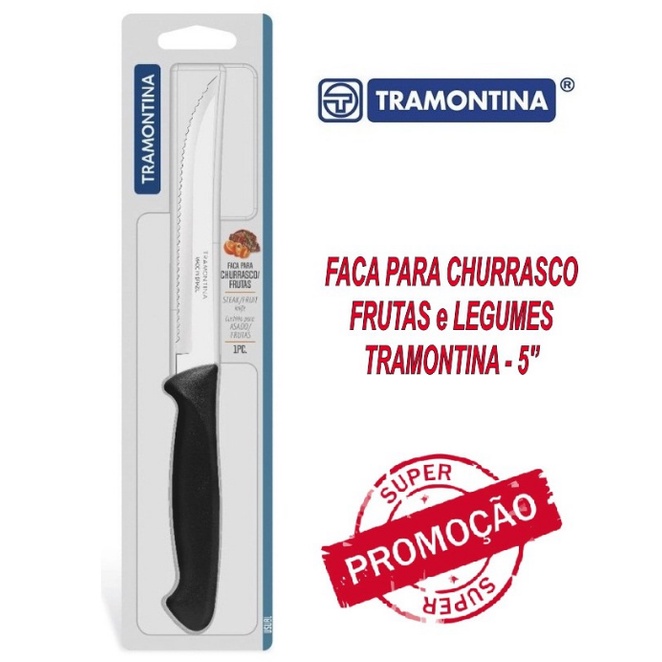 Faca Churrasco e Frutas Lamina serrilha em Aco Inox Preto 5 polegadas - TRAMONTINA PROMOÇÃO