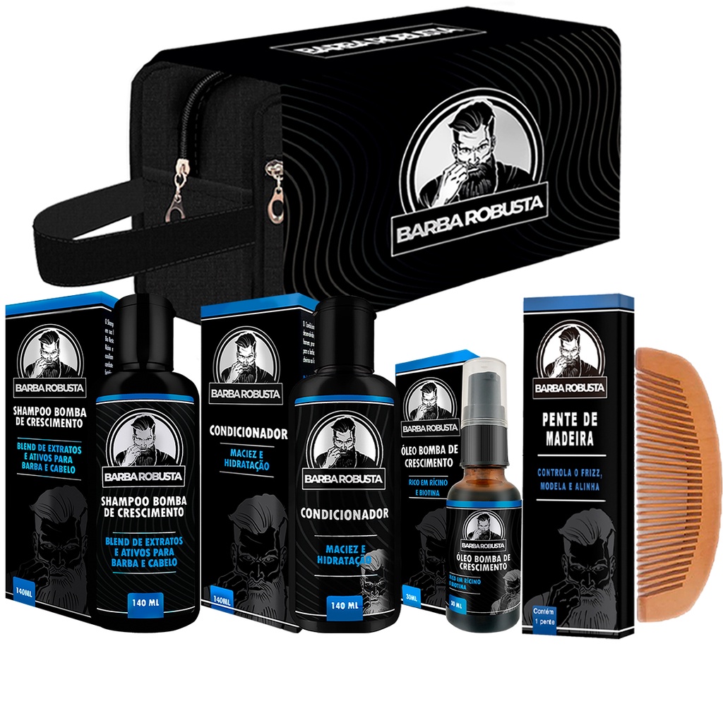 Kit barba Robusta Shampoo Condicionador Óleo Necessaire e pente