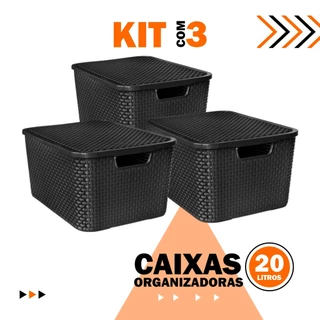Kit 3 Caixas Organizadoras Cesto Rattan 20 Litros Com Tampa Preta Armários e Brinquedos