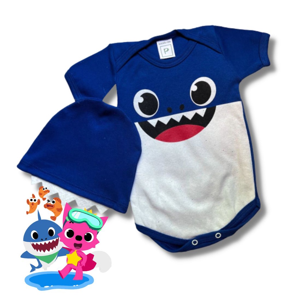 Kit Completo Body Baby Shark Mesverssario fantasia com Touca
