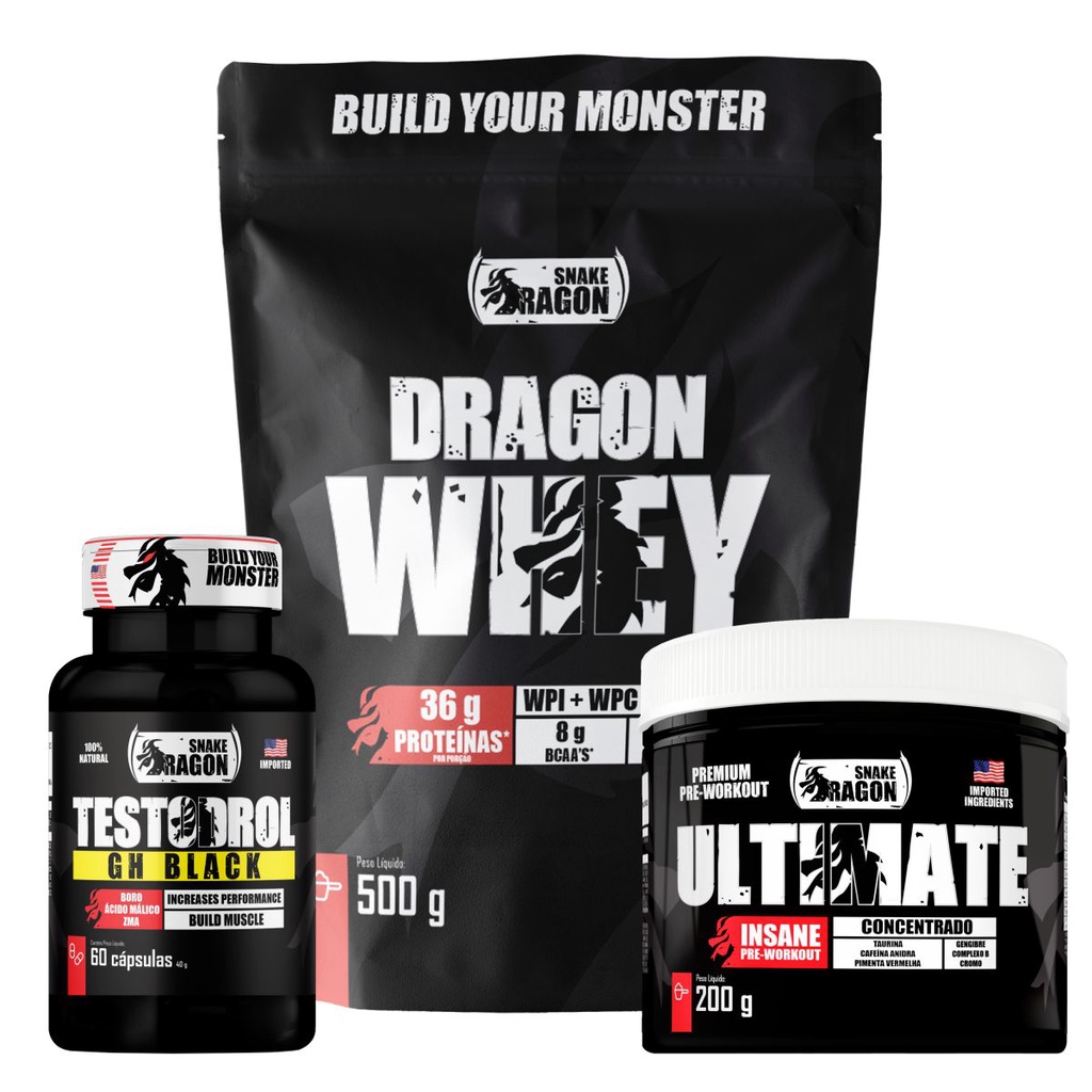 Kit Dragon Whey 500g + Testo Black + Pré-treino 200g
