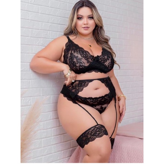 Lingerie Sexy plus Size CINTA LIGA Renda 3 peças no conjunto