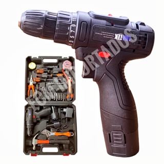 Parafusadeira e Furadeira portátil com 2 bateria 12v maleta e kit ferramentas com 36 peças