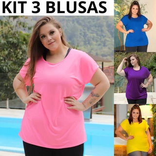 Kit 3 Camisa Blusa Plus Size Feminina Dry Fit Tecido Furadinho Seca Rápido Academia, Fitness