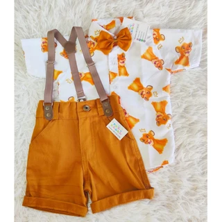 Roupa REI LEÃO festa menino infantil conjunto Camisa Gravata Bermuda e Suspensório
