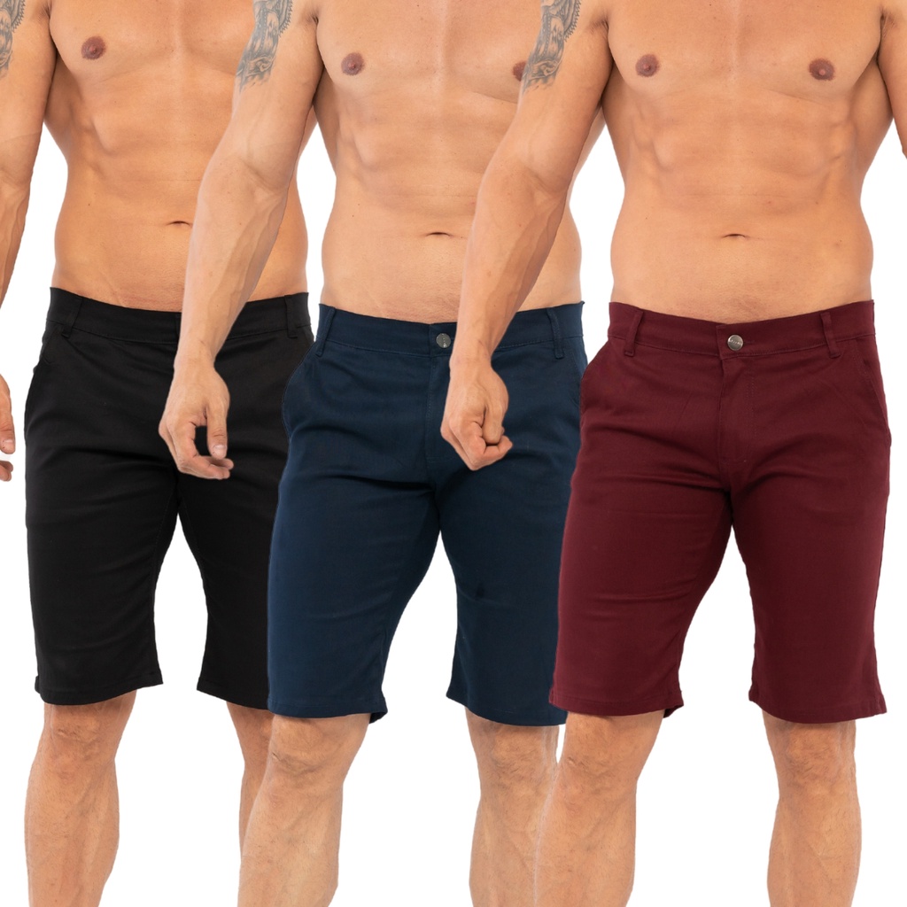 Kit 3 Bermudas Masculinas De Sarja Colorida Lycra | Shopee Brasil