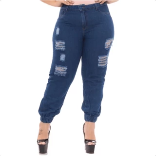 Calça Jeans Plus Size Jogger Sem Lycra Feminina Destroyed Cintura Alta