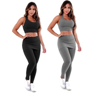 Kit 2 Conjuntos Calça Legging Saia Tapa Bumbum Roupas Femininas De Academia A15