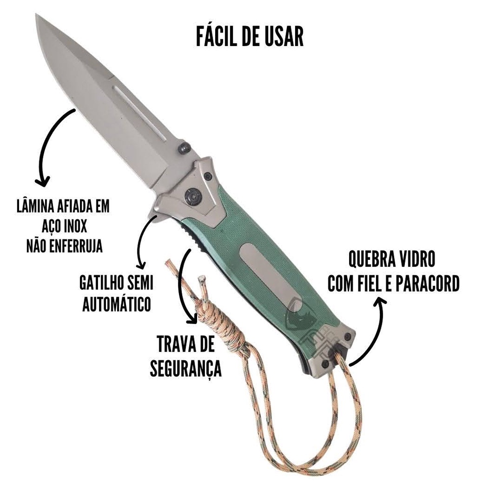 Canivete Camping Pesca Aço Inox Semi Automático Com Paracord