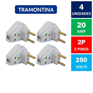 Kit Com 4x Plugue Macho Angular 90 Graus Com Prensa Cabos 2 Pinos 20A 250V Cinza Tramontina ( Tomada Macho 2P Tipo Grosso )