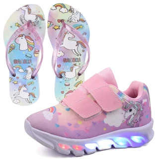 Tênis Infantil Feminino de Led Unicornio Menina Rosa Tira Colante com Chinelo Linkito