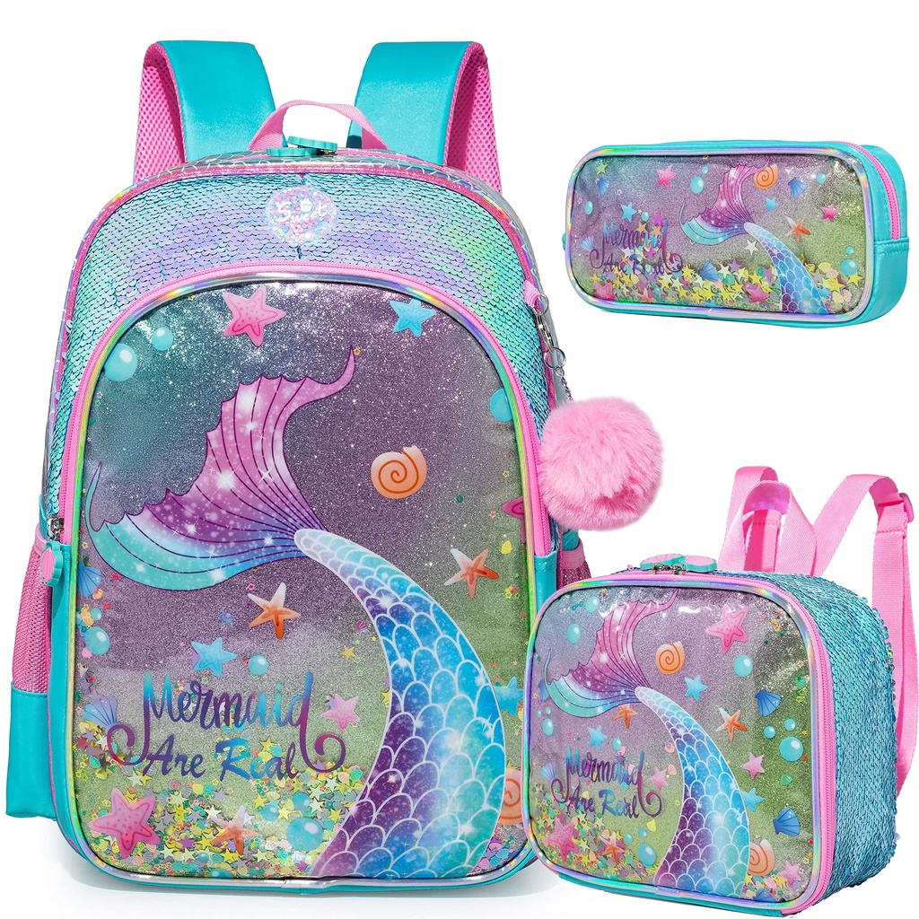 Mochila De Sereia Para Gilrs Lantejoulas De 16 " Alunos Do Ensino Fundamental Crianças Com Lancheira Menina