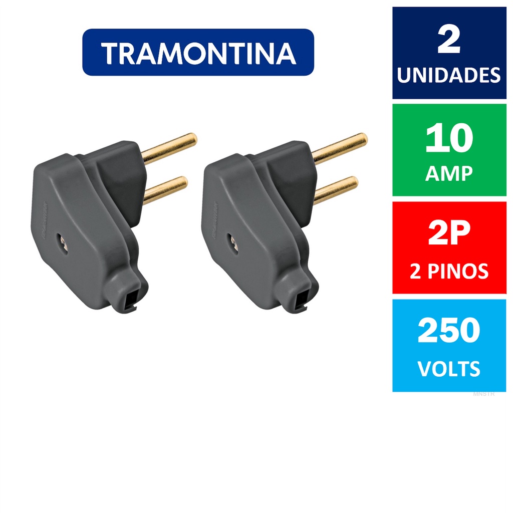 Kit Com 2x Plugue Macho Angular 90 Graus 2 Pinos 10A 250V Preto Tramontina ( Tomada Macho 2P )
