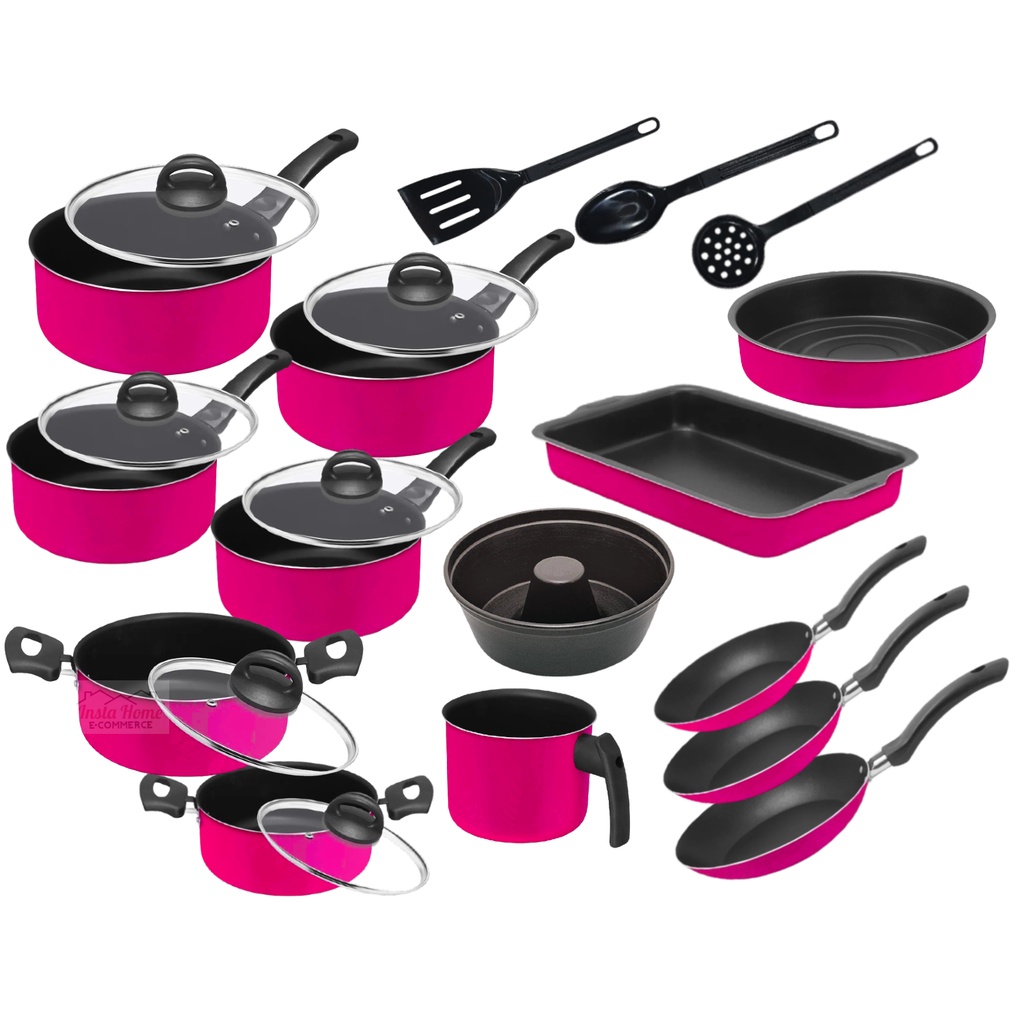 Conjunto kit Jogo de panelas Rosa 16 peças Antiaderente Teflon Com Tampa de Vidro utensílios Cozinha