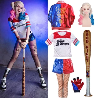 Roupa Mulher Adulta Fantasia Arlequina Cosplay Vestido De Festa De Halloween Bordado Casaco De Camisa De Peruca Curta Conjunto De Morcegos De Baseball
