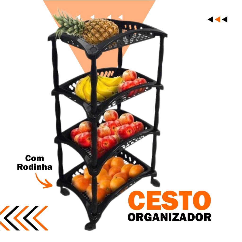 Fruteira Organizador Vertical Com Rodinhas 4 Cestos Andares