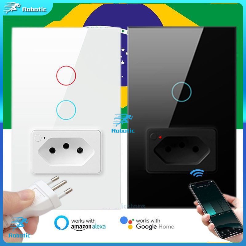 20A/16A Interruptor Inteligente Com Tomada WiFi Brasil Soquete padrão Touch painel Preto/Branco de vidro funciona com TUYA Alexa Google