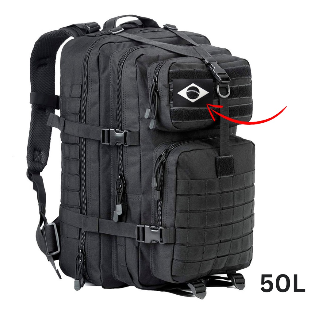 Mochila Militar Tática 50 Litros Grande Impermeável + Patch Preto Qualidade Premium