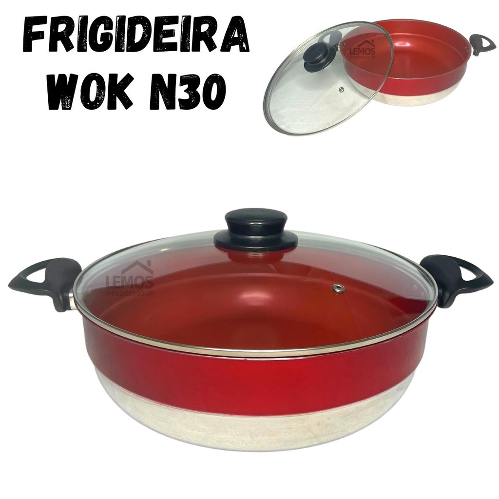 Frigideira Panela Wok 30 Cm Antiaderente Grande Tacho Com Tampa Vidro