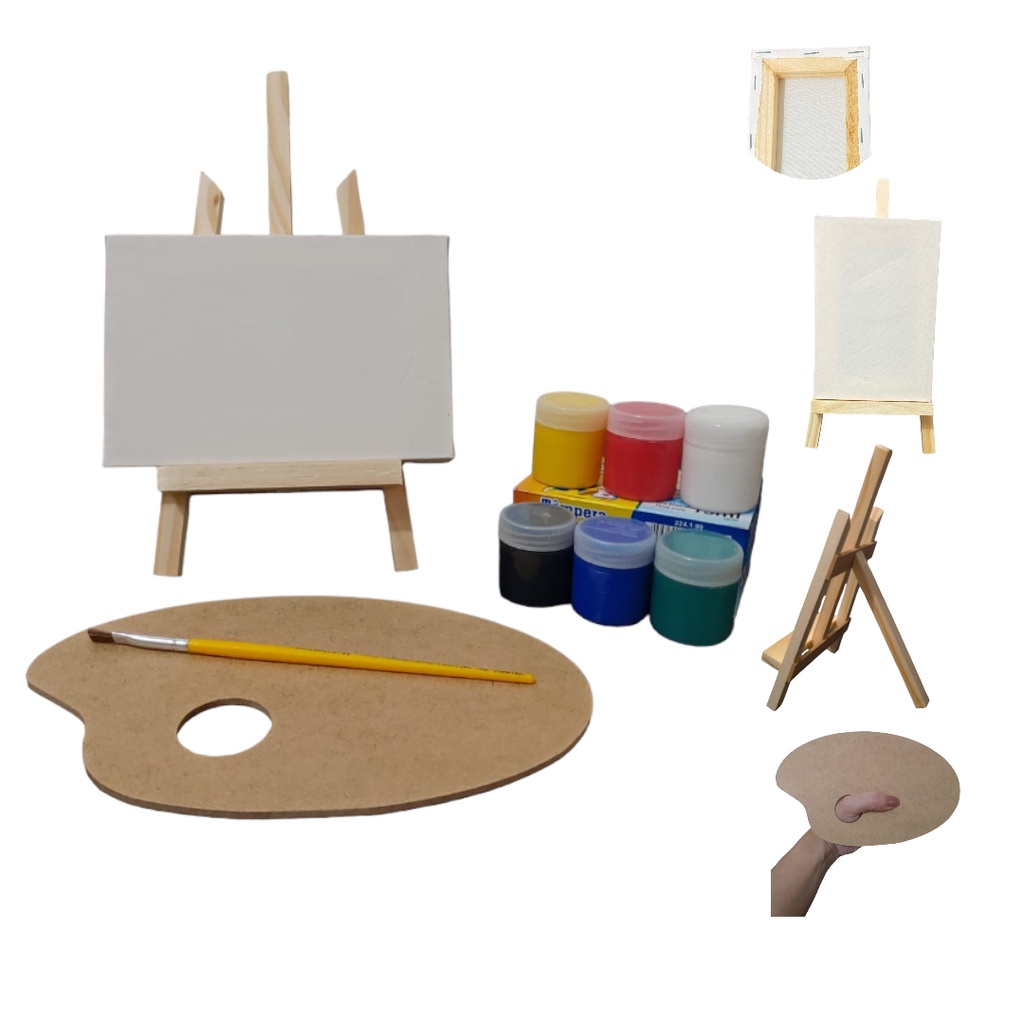 Kit de Pintura Infantil: 1 mini Cavalete + 1 Tela 10x15cm grampeada atrás + 1 Pincel + Caixa de Guache com 6 cores+ um godê de MDF natural