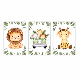 Kit 3 Quadros Decorativos Infantis Safari Aquarela Bebe quarto menino menina placas decorativas mdf