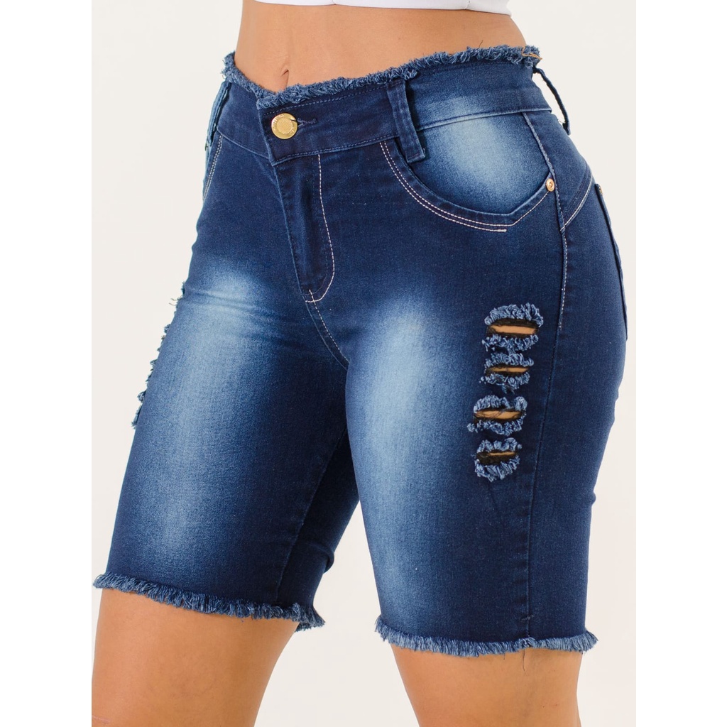 Bermuda jeans Cintura Alta Cor Azul desfiado com costura levanta bumbum