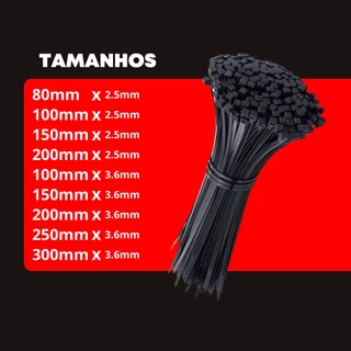 Abraçadeira de Nylon Pacote com 100 Unidades Preta Resistente Vários Tamanhos