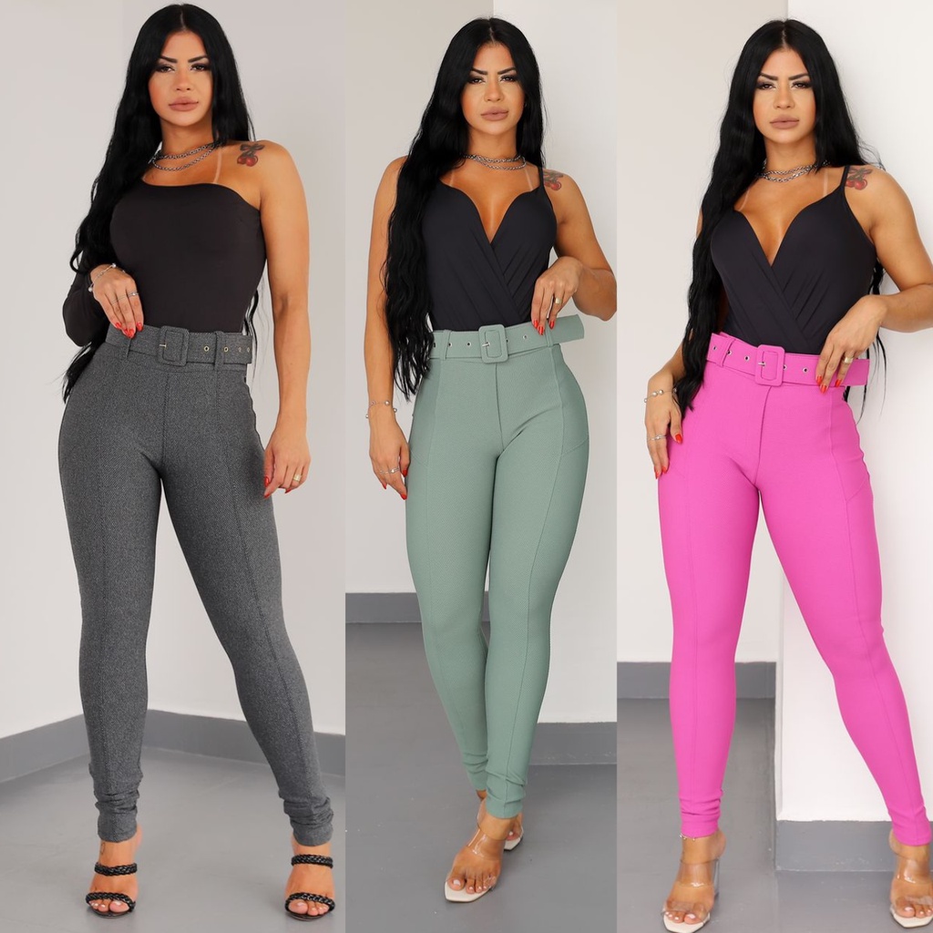 Calça legging montaria com cinto malha Pop Skinny com bolso