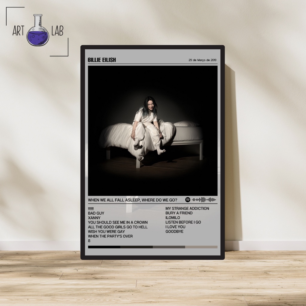Quadro decorativo álbum Spotify Billie Eilish When We All Fall Asleep, Where Do We Go? moldura e vidro