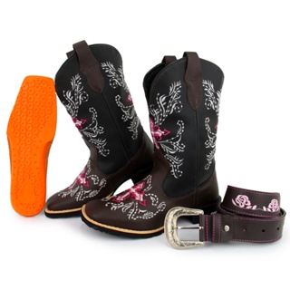 Bota Texana Western Feminina Texas Gold Bordado Rosa + Cinto Exclusivo Ref:10000