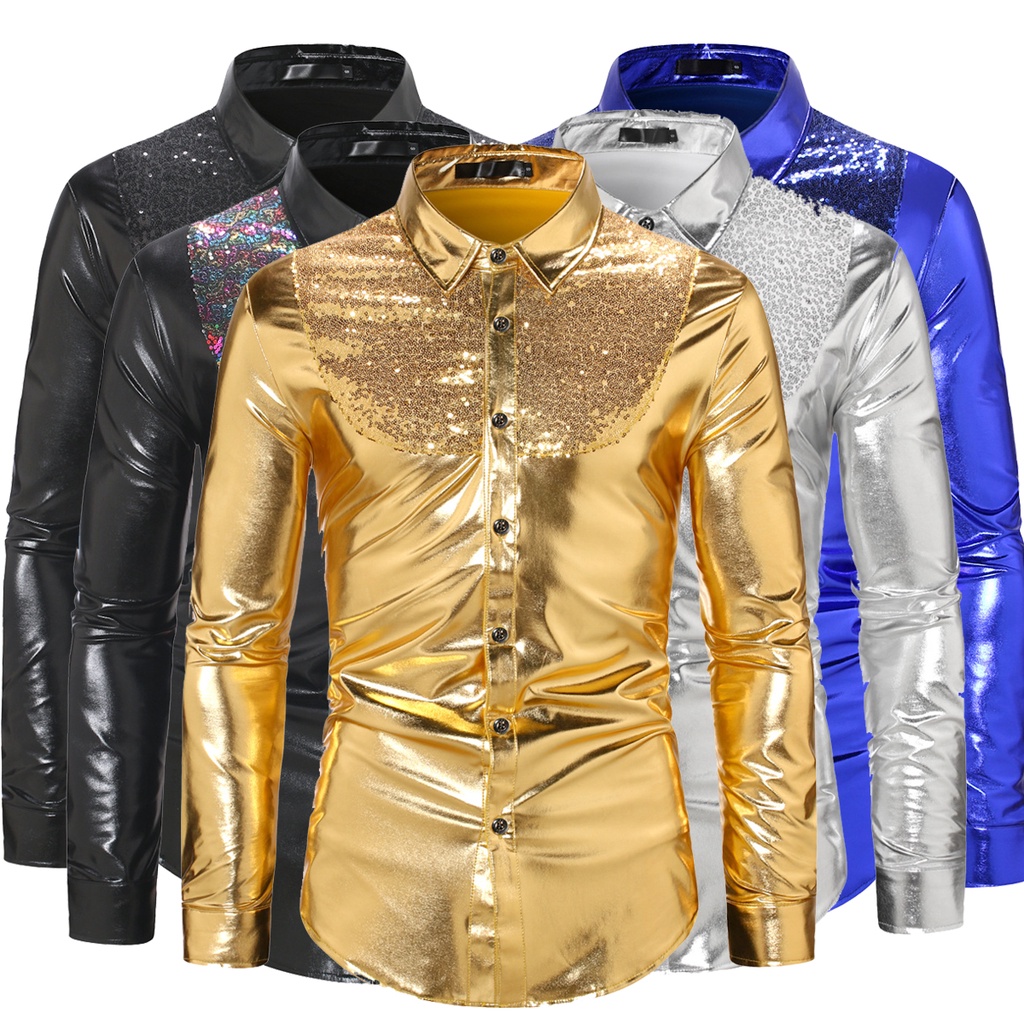 Camisa Masculina Estilosa Brilho Festa Show Unissex Paête Lantejoula Manga Longa Mágico