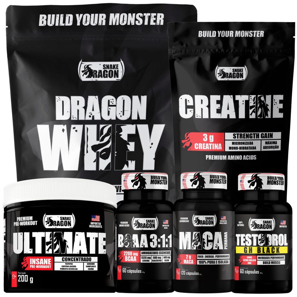 Kit Dragon Whey 500g + BCAA + Maca Peruana + Testo Black + Creatina 100g + Pré Treino 200g