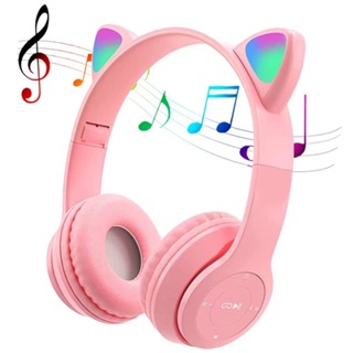 Fone de Ouvido Headphone Infantil Orelha de Gatinho Led Rgb Sem Fio Bluetooth MicroSD Cabo P2 Auxiliar Recarregável Haste Ajustável